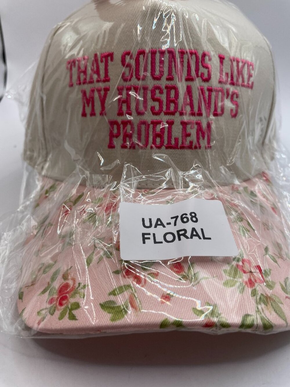 Zenana Outfitters Cream and Floral Print "Sounds Like My Husband" Baseball Cap